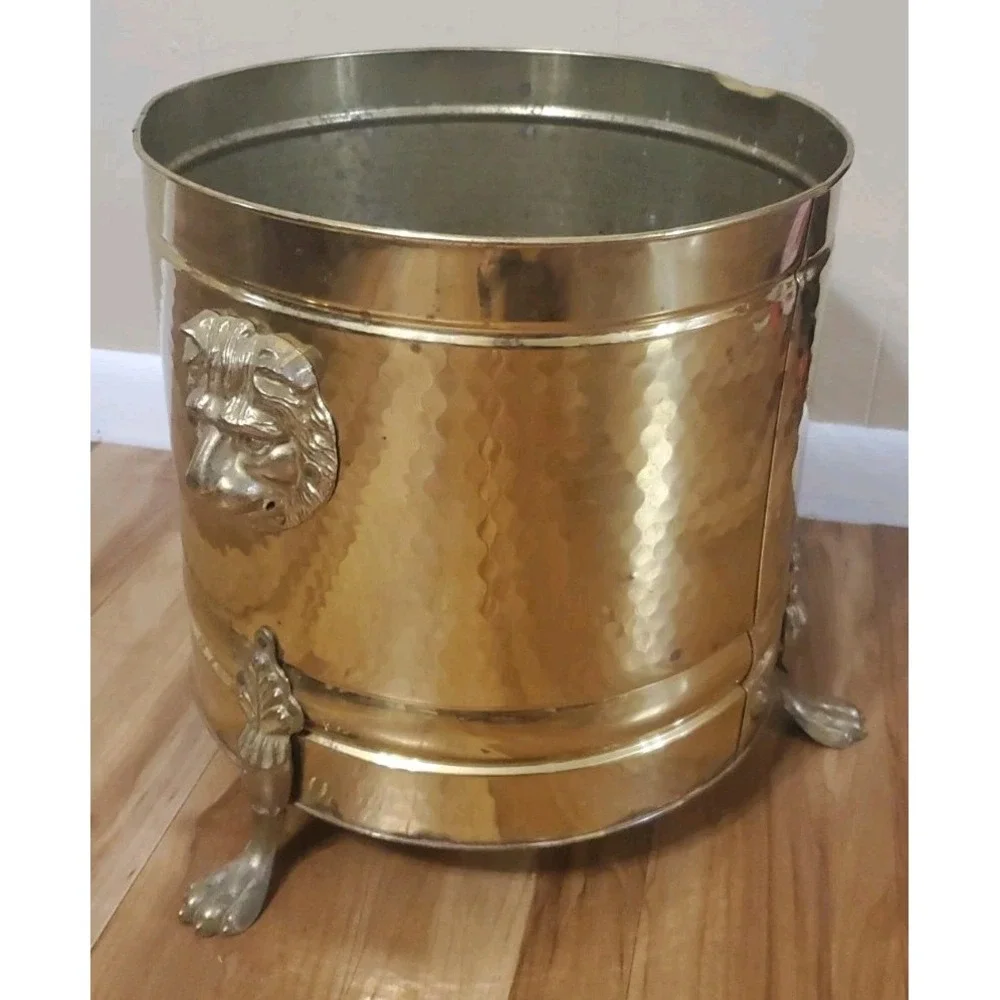 Vintage Brass Lion Head Planter Hollywood Regency Footed Cachepot Plant Pot